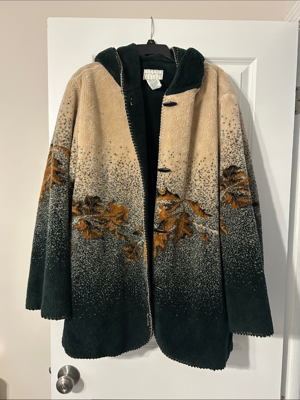 White Stag Green and Tan Hooded Teddy Jacket with Leaf Motif